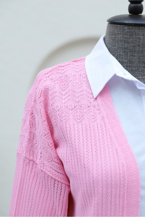 Openwork Cardigan with Patterned Skirt -Pink