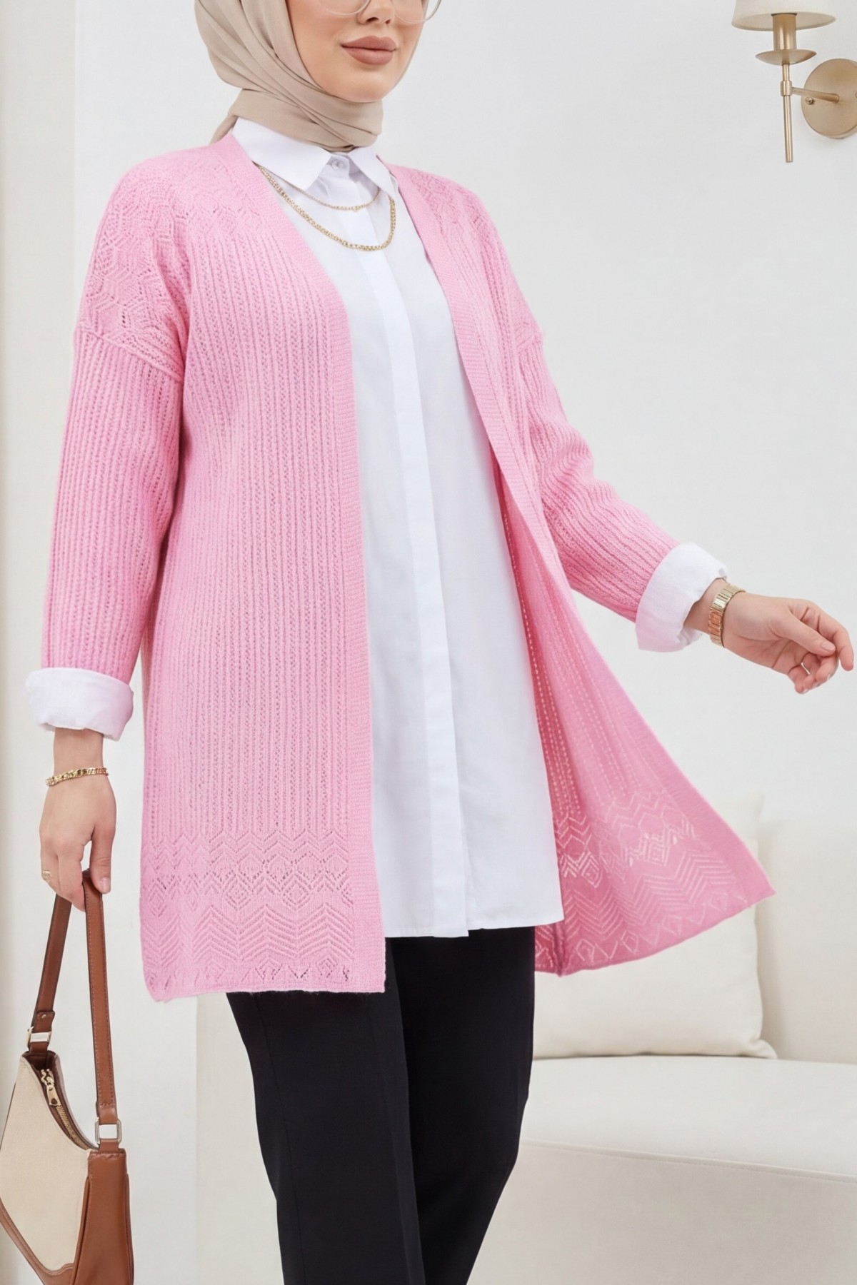 Openwork Cardigan with Patterned Skirt -Pink