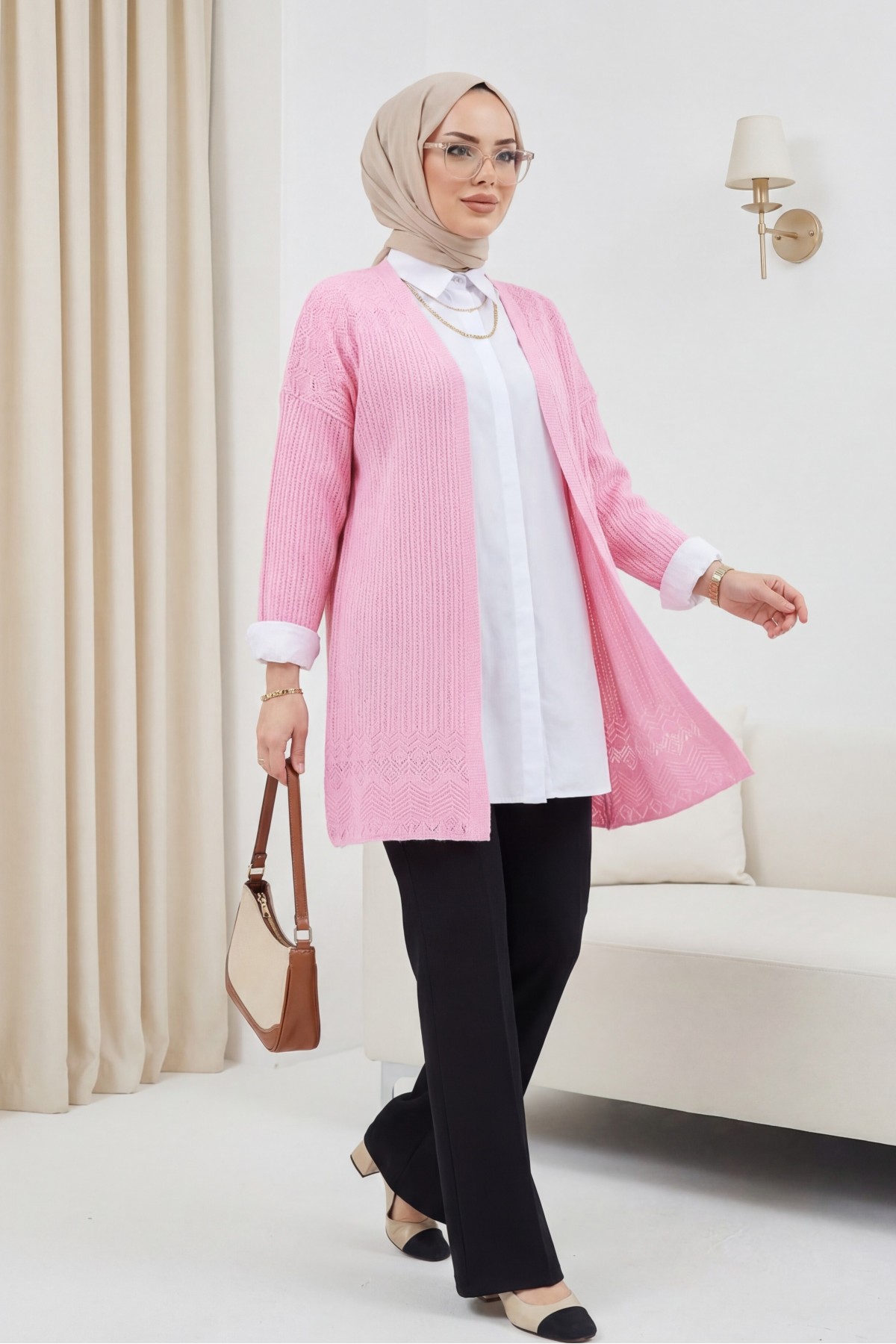 Openwork Cardigan with Patterned Skirt -Pink