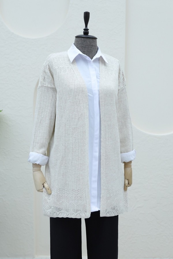 Openwork Cardigan with Patterned Skirt -Stone
