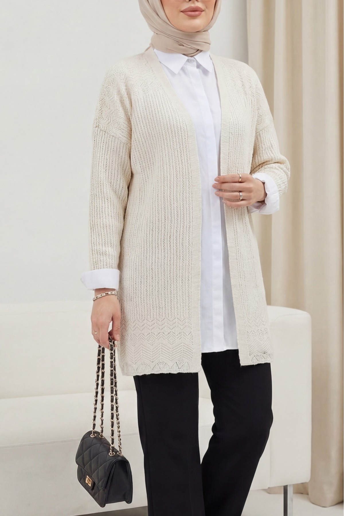 Openwork Cardigan with Patterned Skirt -Stone