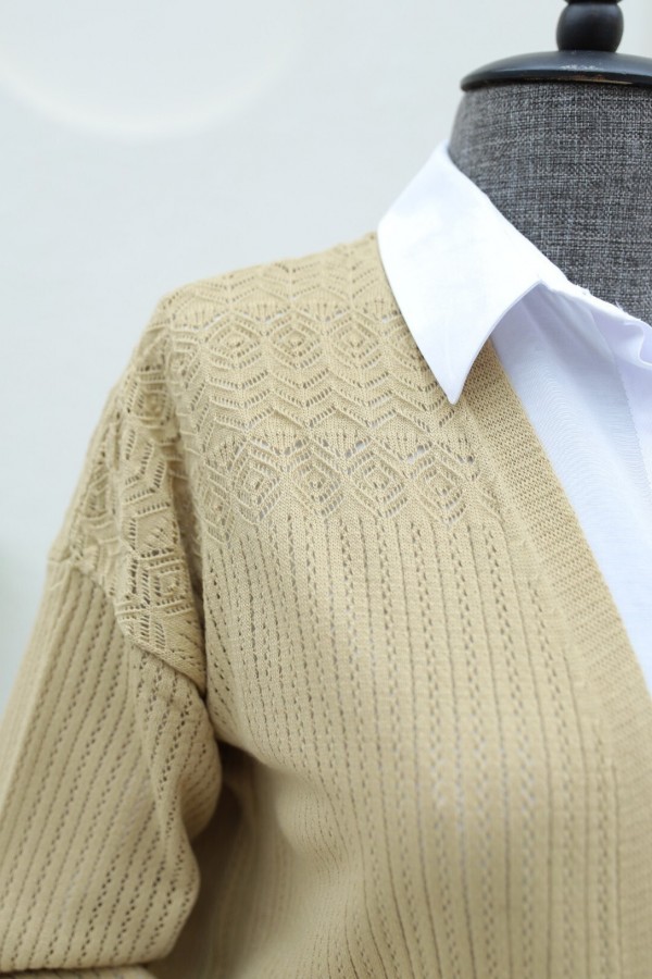 Openwork Cardigan with Patterned Skirt -Mink color