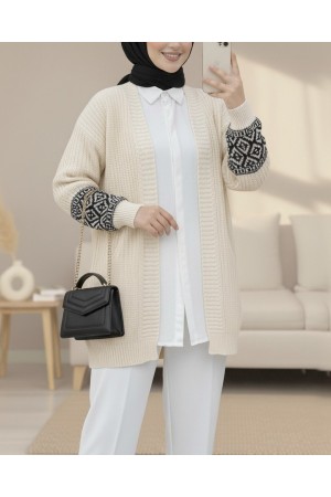 Patterned Sleeve Knitted Cardigan -Cream color