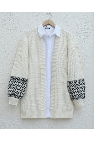Patterned Sleeve Knitted Cardigan -Cream color