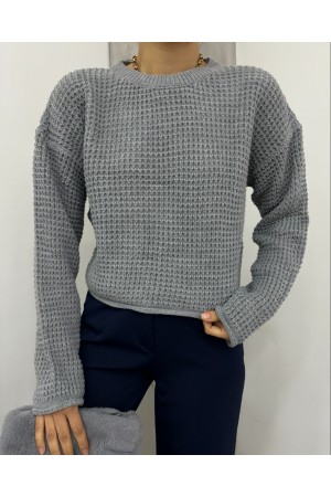Yuvarlak Yaka Örgü Triko Kazak -Gri