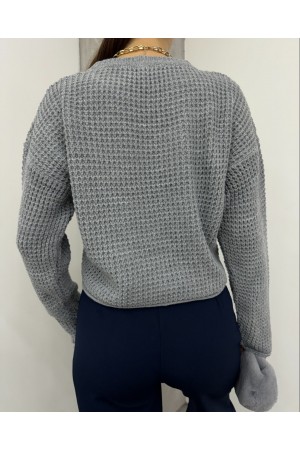 Yuvarlak Yaka Örgü Triko Kazak -Gri