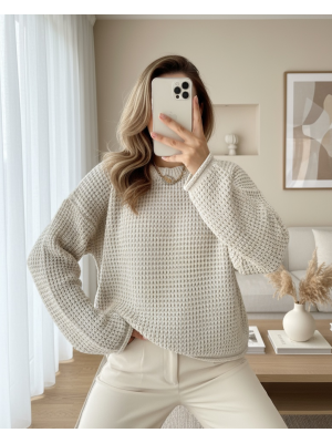 Yuvarlak Yaka Örgü Triko Kazak -Taş