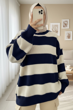 Selanik Knitted Crew Neck Knitwear Sweater -Navy blue