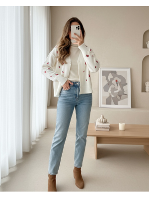 Sprinkled Flower Embroidered Knitwear Cardigan -Ecru
