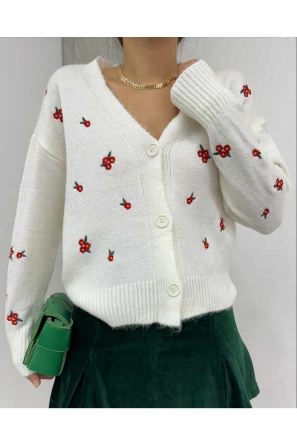 Sprinkled Flower Embroidered Knitwear Cardigan -Ecru