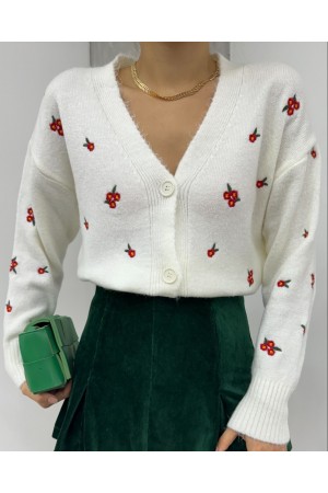 سترة تريكو مطرزة بالزهور المتناثرة -أبيض سكري