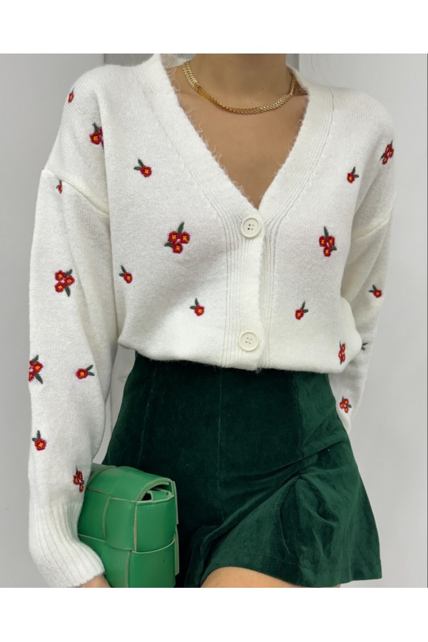 Sprinkled Flower Embroidered Knitwear Cardigan -Ecru