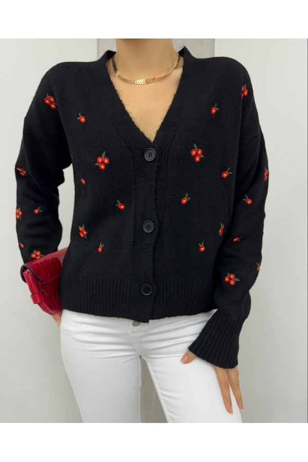 Sprinkled Flower Embroidered Knitwear Cardigan -Black