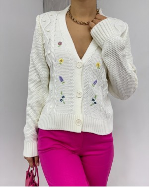 Ponponlu Çiçek Nakışlı Triko Hırka -Ekru