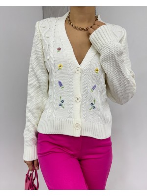 Ponponlu Çiçek Nakışlı Triko Hırka -Ekru