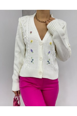 Pompom Flower Embroidered Knitwear Cardigan -Ecru