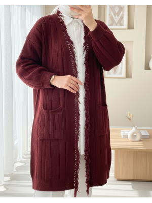 Püskül Detaylı Cepli Triko Hırka -Bordo