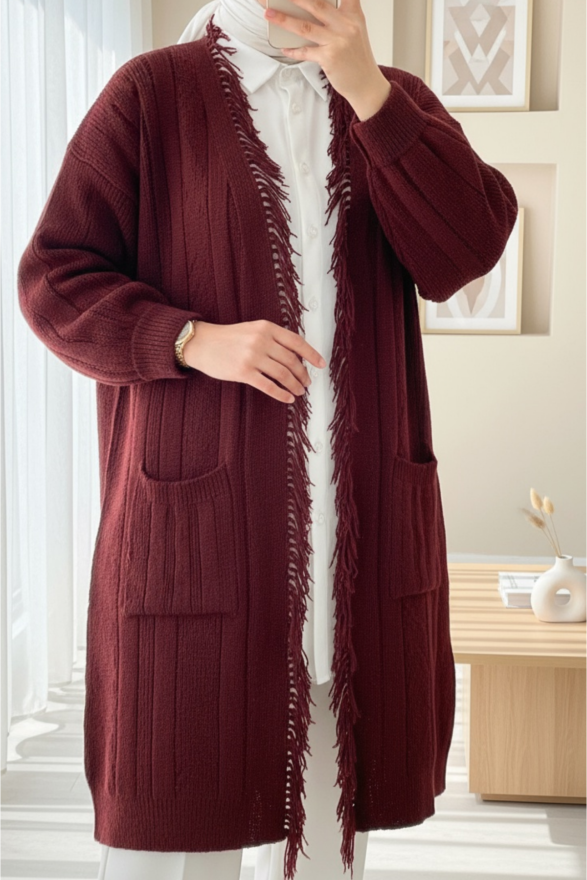 Tassel Detailed Pocket Knitwear Cardigan -Maroon