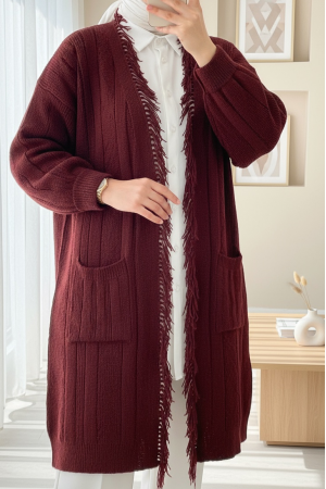 Püskül Detaylı Cepli Triko Hırka -Bordo