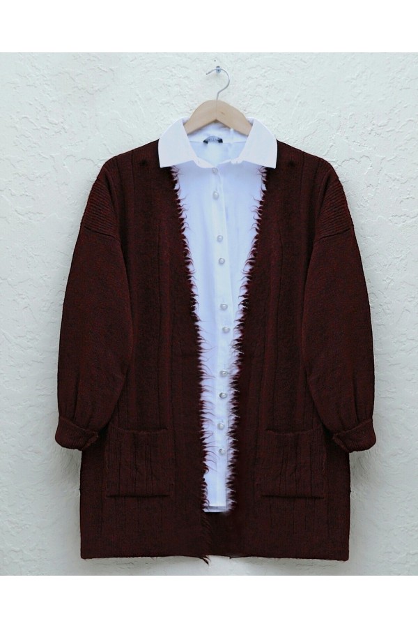 Tassel Detailed Pocket Knitwear Cardigan -Maroon