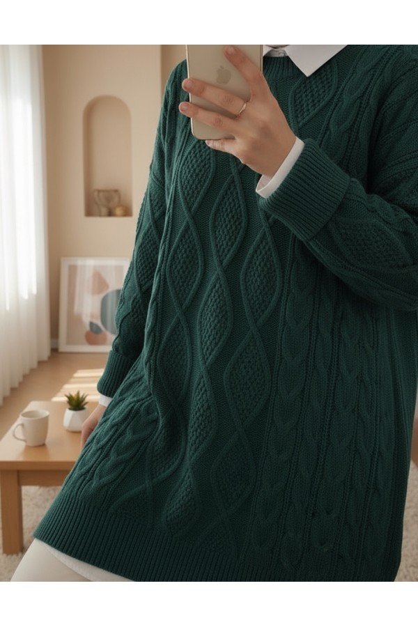Honeycomb Pattern Loose Knitwear Sweater  -Emerald