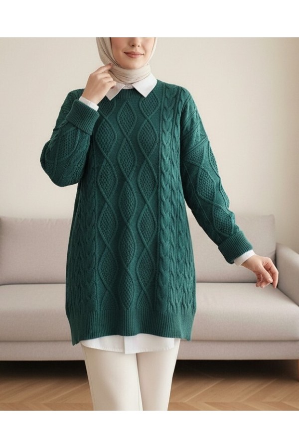 Honeycomb Pattern Loose Knitwear Sweater  -Emerald