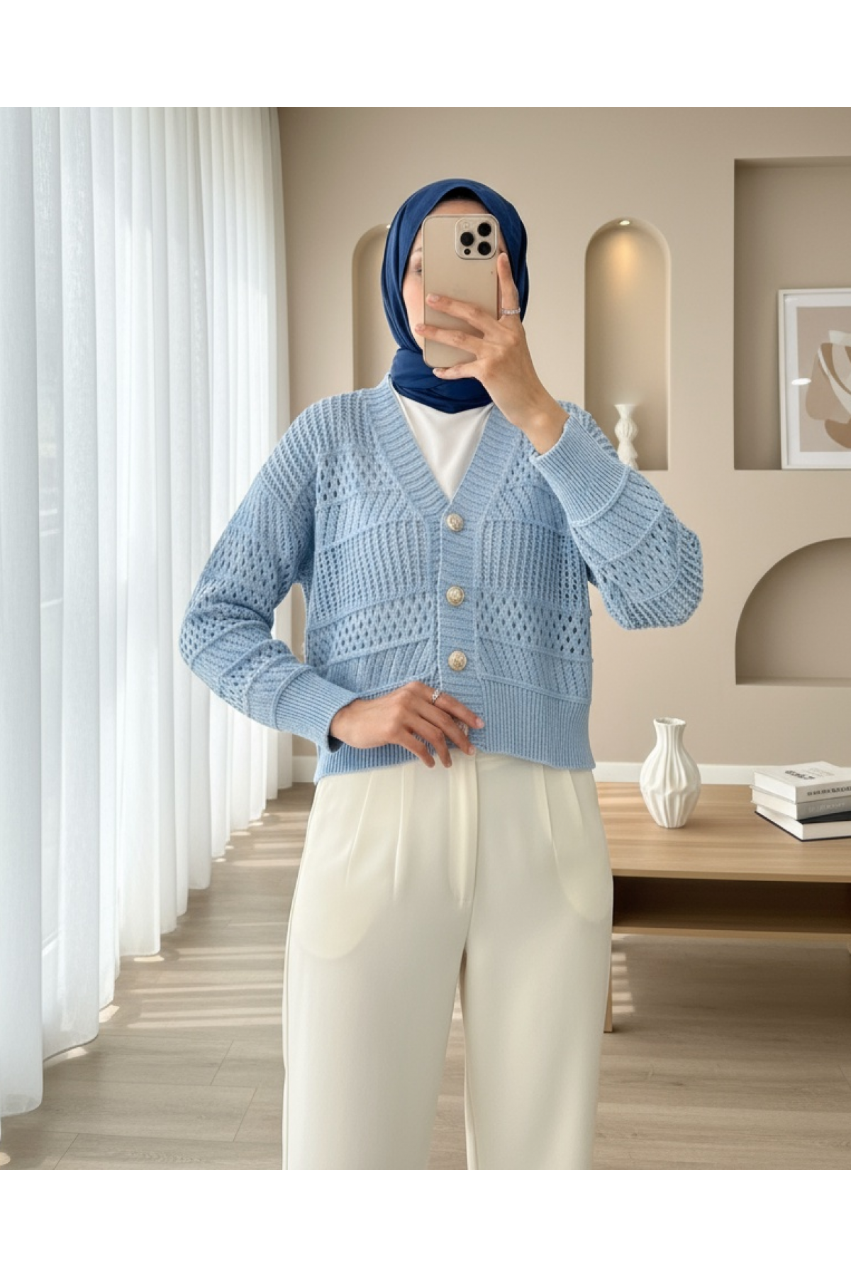 Openwork Buttoned Knitted Cardigan -Baby Blue