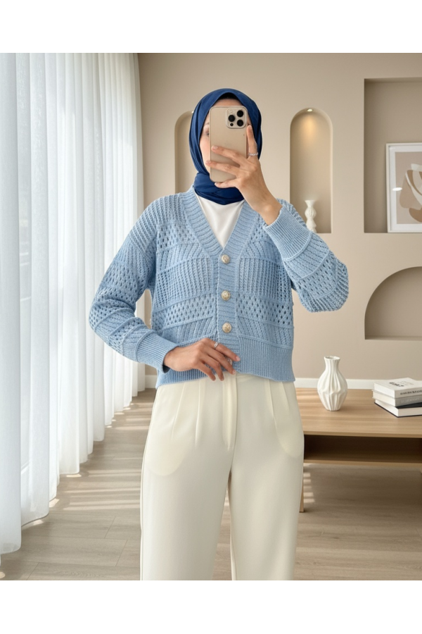 Openwork Buttoned Knitted Cardigan -Baby Blue