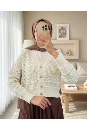 Ajurlu Düğmeli Triko Hırka -Krem