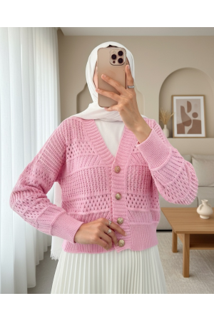 Ajurlu Düğmeli Triko Hırka -Pembe