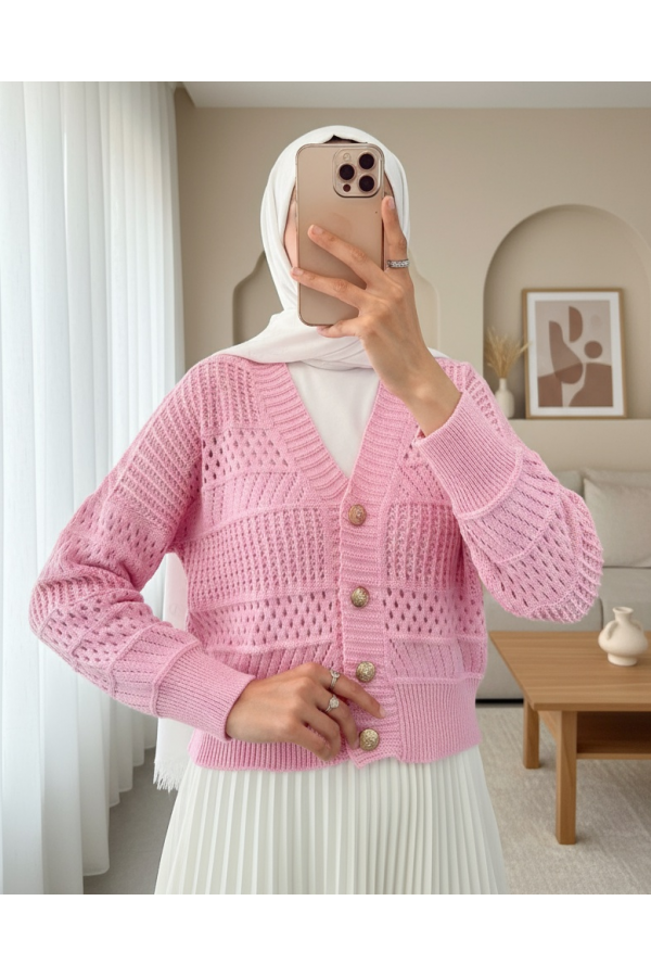 Ajurlu Düğmeli Triko Hırka -Pembe