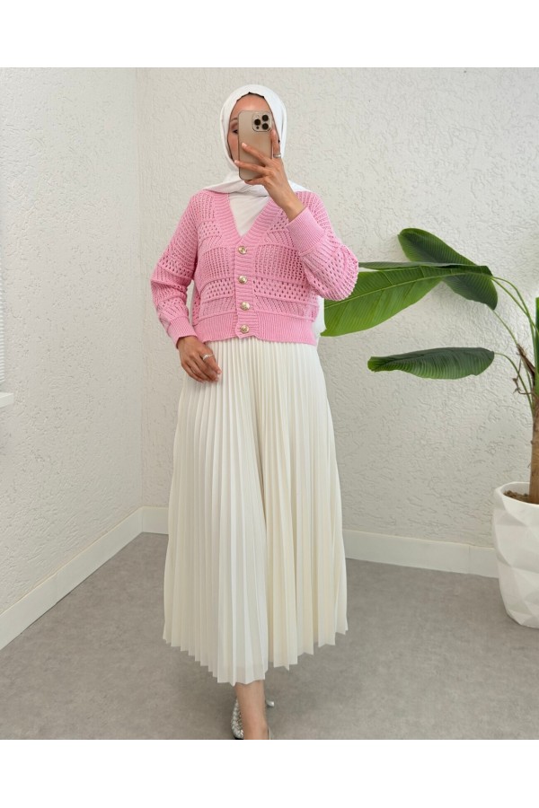 Openwork Buttoned Knitted Cardigan -Pink