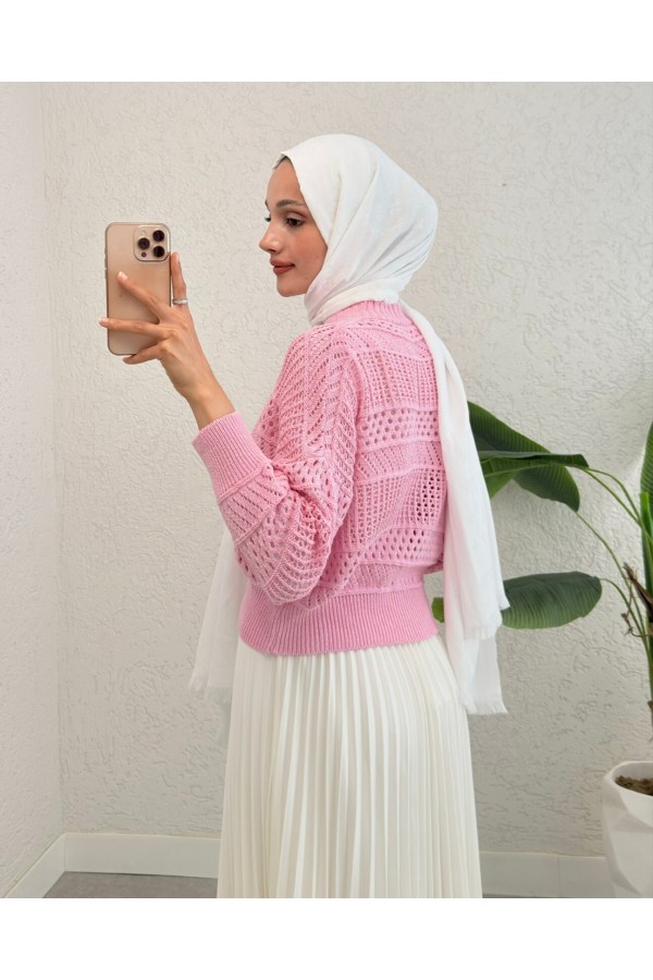 Openwork Buttoned Knitted Cardigan -Pink