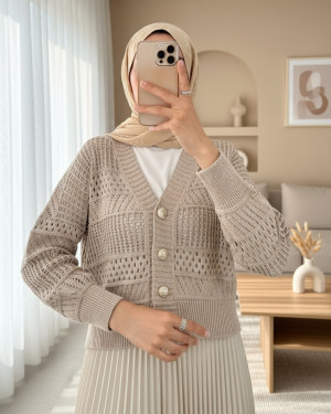 Openwork Buttoned Knitted Cardigan -Mink color