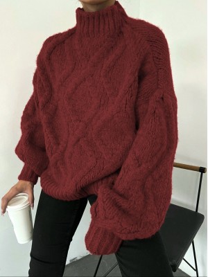 Half Neck Balloon Sleeve Winter Sweater   -Maroon