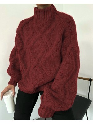 Yarım Boğazlı Balon Kol Kışlık Kazak   -Bordo