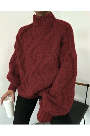 Half Neck Balloon Sleeve Winter Sweater   -Maroon