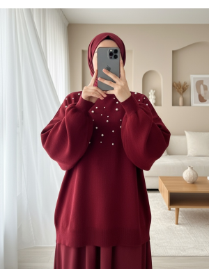 İncili Balıkçı Yaka Balon Kol Triko -Bordo