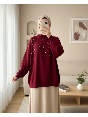 İncili Balıkçı Yaka Balon Kol Triko -Bordo