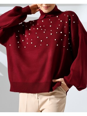 İncili Balıkçı Yaka Balon Kol Triko -Bordo