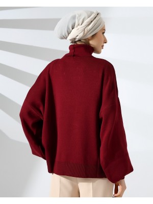 İncili Balıkçı Yaka Balon Kol Triko -Bordo