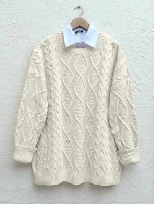 Honeycomb Pattern Loose Knitwear Sweater   -Stone
