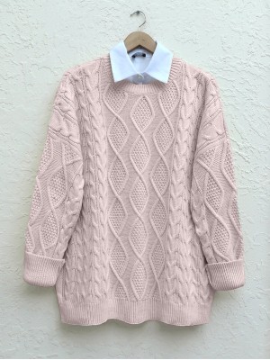 Honeycomb Pattern Loose Knitwear Sweater    -Powder