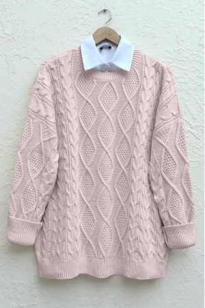 Honeycomb Pattern Loose Knitwear Sweater    -Powder