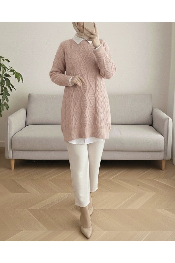Honeycomb Pattern Loose Knitwear Sweater    -Powder