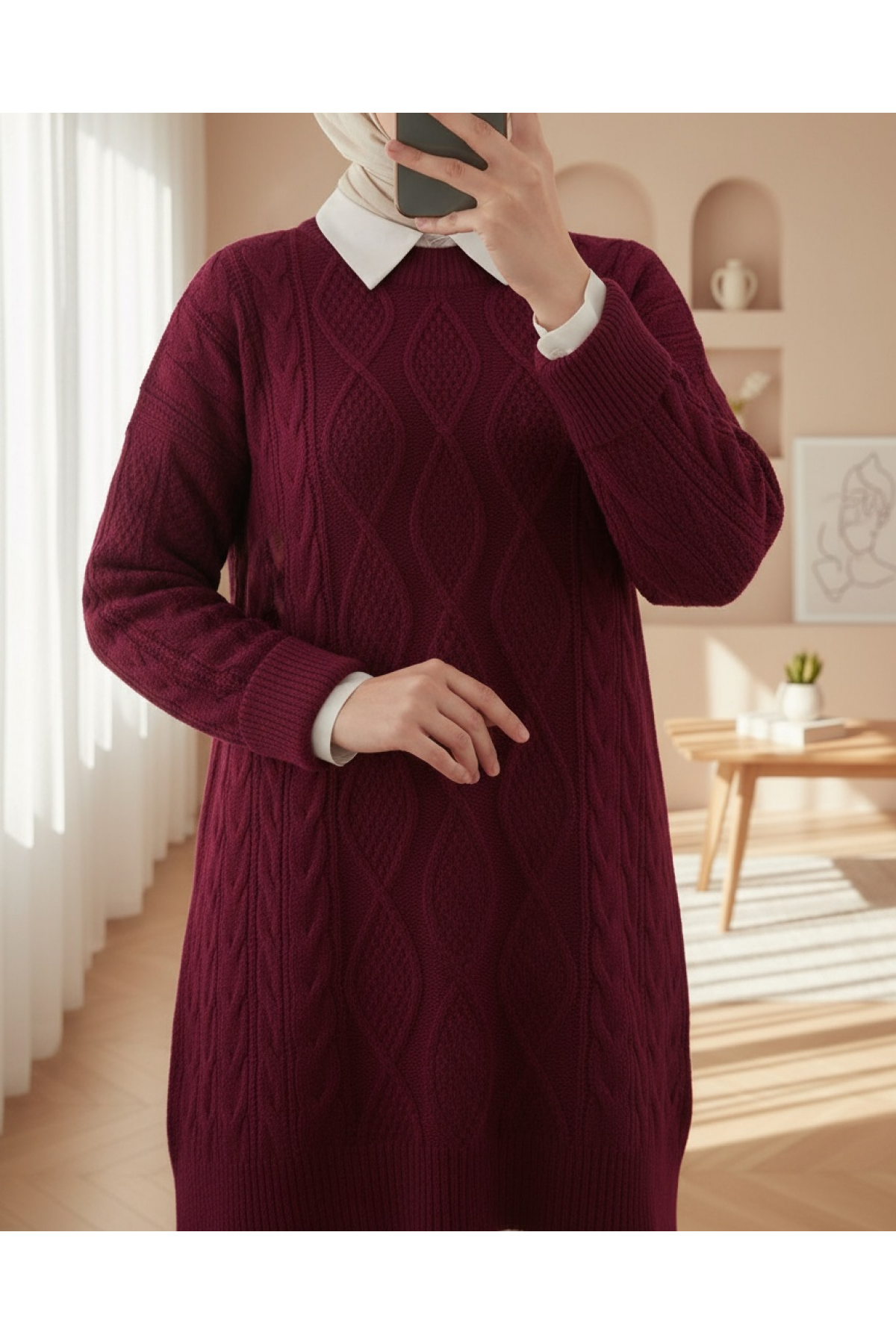 Honeycomb Pattern Loose Knitwear Sweater     -Maroon