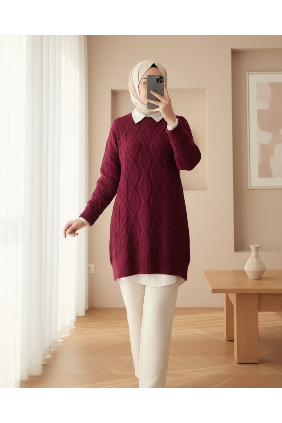 Honeycomb Pattern Loose Knitwear Sweater     -Maroon