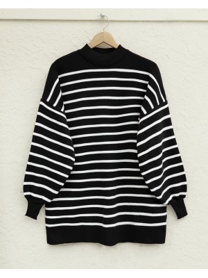 Dik Yaka Balon Kol Triko Tunik -Siyah