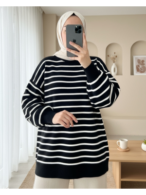 Dik Yaka Balon Kol Triko Tunik -Siyah