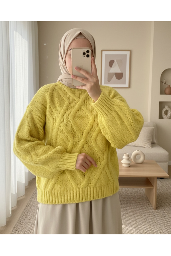 Half Neck Balloon Sleeve Winter Sweater     -Yellow